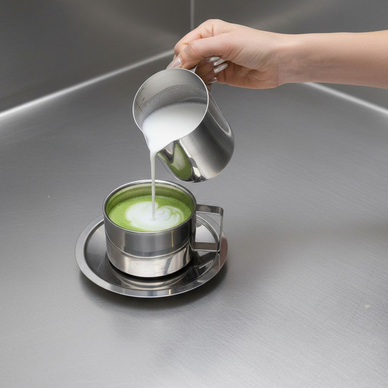 pouring steamed milk into a cup of matcha to make a hot matcha latte