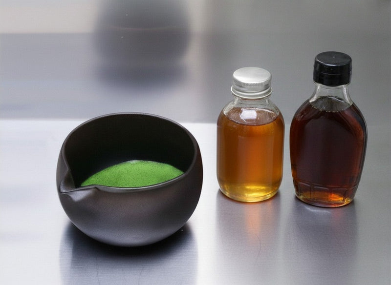 step 4: a bowl of frothy matcha with honey and maple syrup on the side as optional sweeteners